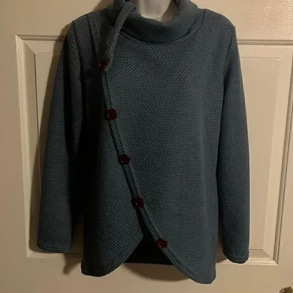 High Neck Asymmetric Button Pullover Sweater - Picture 1 of 4